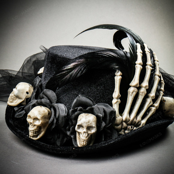 Halloween Skeleton Hand Skull Top Hat with Rose - Black - Picture 6 of 10